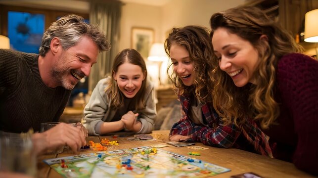 Happy family playing board game in warm, cozy living room.