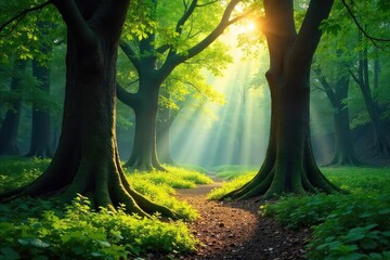 Naklejka premium Tranquil Sun-Dappled Forest Ancient Trees Reach for the Sky, Lush Green Undergrowth Perfect for Environmental Projects