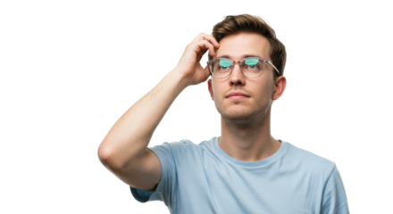 Young caucasian man, late 20s, eyeglasses, neutral t-shirt, pensive, scratching head, on transparent studio background with copy space, concept of strategic problem-solving