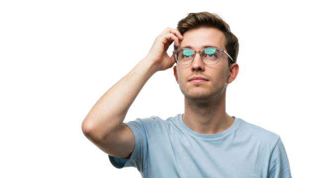 Young caucasian man, late 20s, eyeglasses, neutral t-shirt, pensive, scratching head, on transparent studio background with copy space, concept of strategic problem-solving