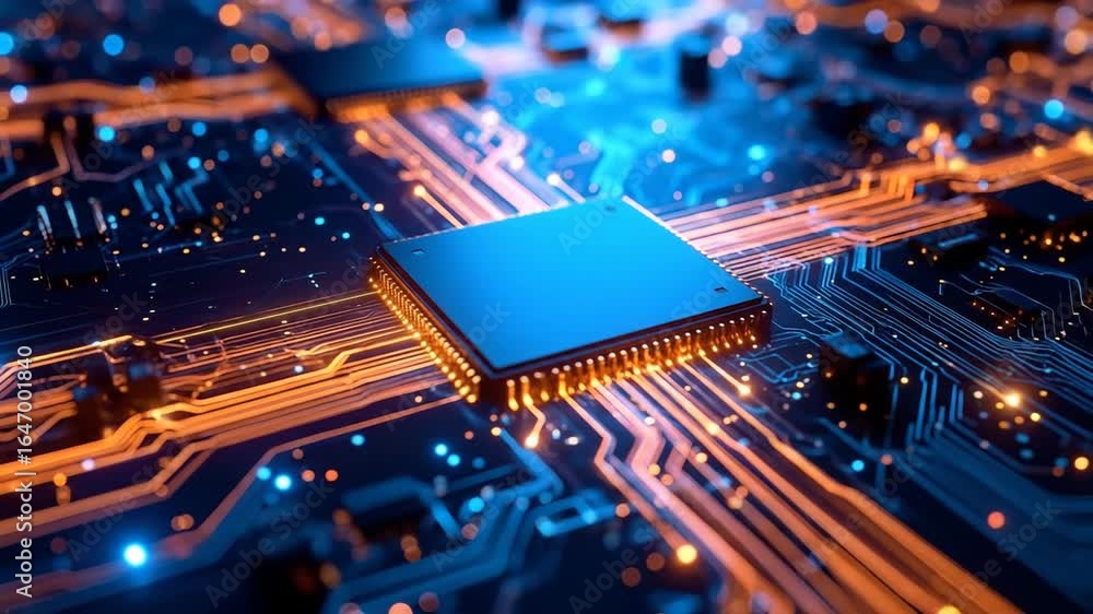Poster glowing circuit board with microchip, and and data flow in futuristic tech background.