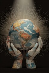 Hands holding earth globe with radiant light for world environment concept