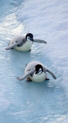 Fototapeta premium Two adorable emperor penguin chicks waddle on icy terrain.