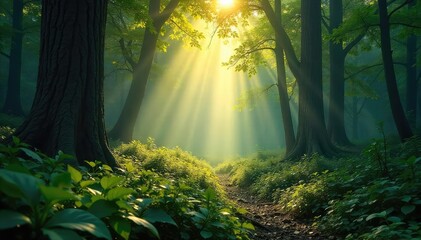 Sunlight dapples through a dense forest canopy, illuminating the forest floor with a magical, ethereal glow A tranquil scene of nature's beauty and serenity , sunlight, woodland, sunbeams