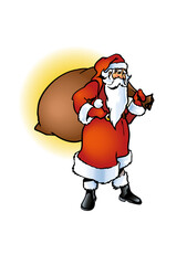 Santa Claus (Father Christmas) is carrying a heavy sack of gifts.
