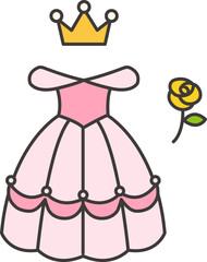 Vector illustration of a pink princess ball gown with a golden crown and a yellow rose. Cute and simple flat design style, perfect for children’s books, greeting cards, stickers, and digital products.