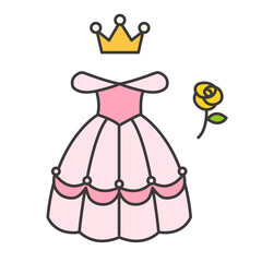 Vector illustration of a pink princess ball gown with a golden crown and a yellow rose. Cute and simple flat design style, perfect for children’s books, greeting cards, stickers, and digital products.