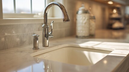 Elegant kitchen sink with modern faucet in bright lighting. Neural network AI generated