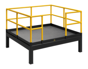 Modular mezzanine platform with steel grating floor and integrated safety railing for a warehouse facility