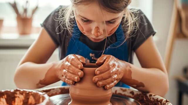 A young girl with clay on her hands and face concentrates on shaping a pot on a potter's wheel during a fun and messy art class


