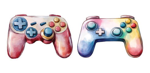Watercolor illustration of two video game controllers in vibrant colors vector transparent background cutout