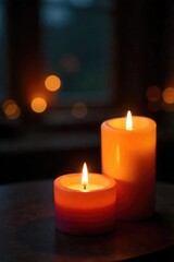 Warm, inviting glow of flickering candlelight creating a romantic and serene ambiance Perfect for relaxation, spa, or home decor themes Soft light, shadows, and cozy atmosphere , orange, texture