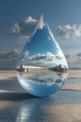 Surreal desert oasis reflection in water drop under dramatic sky