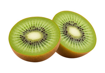 Fototapeta premium Halved kiwi fruit showing green flesh and black seeds on isolated background