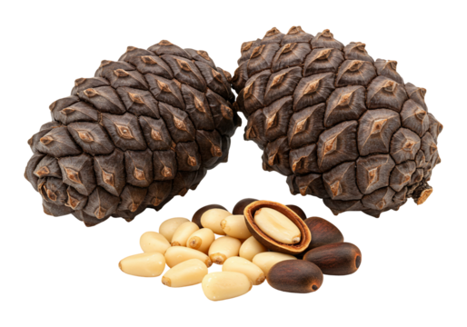 Pine cone and pine nut still life with transparent background close up