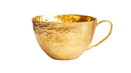 A shiny golden cup with a textured surface is placed on a minimalist backdrop, showcasing its elegant design