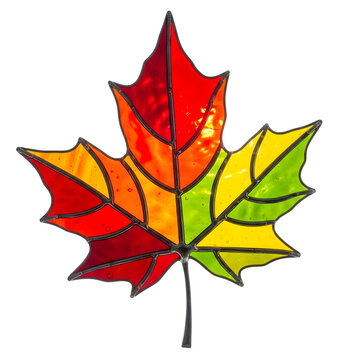 Classic stained glass maple leaf with vibrant red, orange, and yellow autumn colors, isolated on a transparent background.