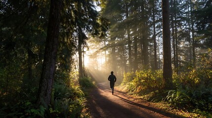 Person jogging on a trail through a sunlit forest.