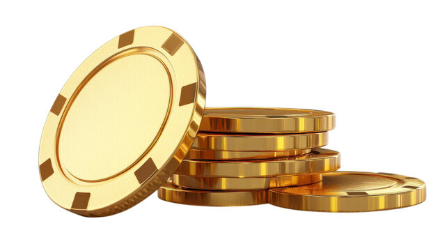 Bright gold gaming tokens are stacked, exuding a gleaming appearance suitable for a casino night or game gathering