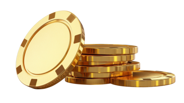 Bright gold gaming tokens are stacked, exuding a gleaming appearance suitable for a casino night or game gathering - Powered by Adobe