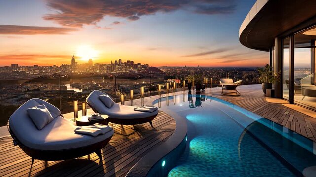 Luxury Rooftop Pool Overlooking City Skyline at Sunset