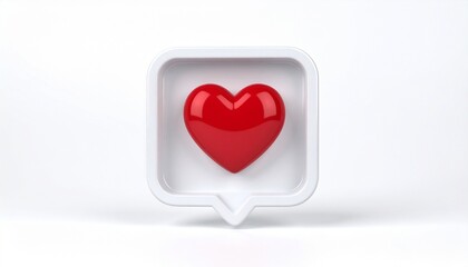 Glossy red 3D heart inside a flat white speech bubble with rounded corners and pointed tail, symbolizing digital affection and social media engagement.