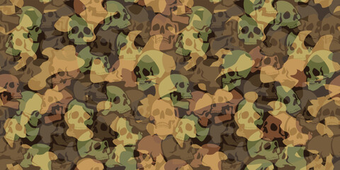 Skull-themed camo background in army green. Seamless repeating pattern. Stock vector illustration.