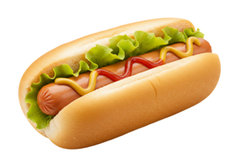 Hot dog topped with mustard ketchup and lettuce on transparent background