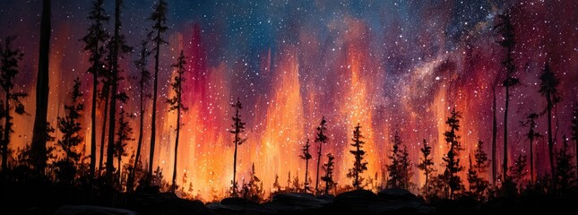 Forest ablaze at night under a starry sky