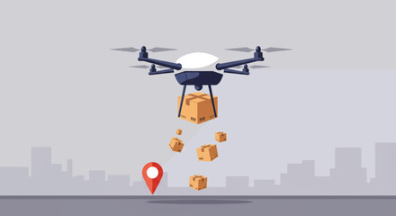 Drone Delivery Service with Packages and Location Pin