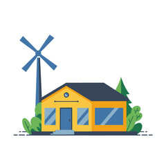 Eco-friendly house with wind turbine and greenery