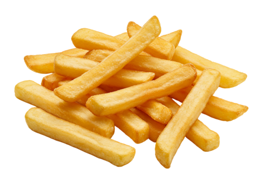 Crispy golden french fries stacked on transparent background in studio lighting food photography
