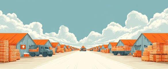 Orange storage buildings with trucks on cloudy day concept