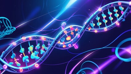 Vibrant glowing DNA helix structure with futuristic neon blue and purple light trails in dark space
