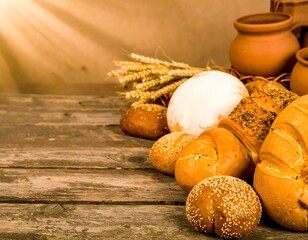 Assorted breads on rustic wooden table