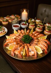 Elegant Shrimp Platter with Canap?s and Warm Lighting