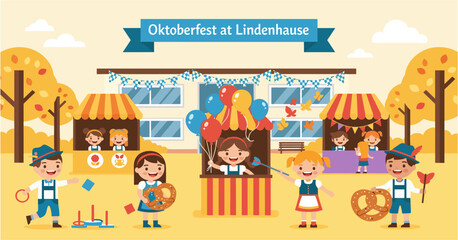 Fototapeta premium Oktoberfest at Lindenhause Illustration Festive Fall Fair with Children