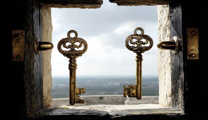 Antique keys in a stone window frame, overlooking a landscape