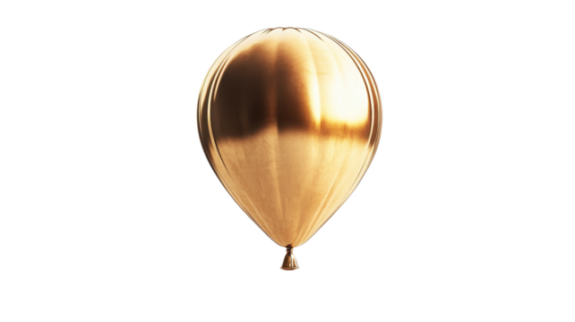 A shiny golden hot air balloon ascends into a blue sky filled with sunshine and fluffy clouds