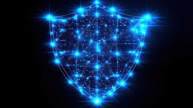 Transparent vector shield icon for cybersecurity, outlined with bold blue lines, interior filled with a dense pattern of white security-code dots, light glinting off edges. minimalist tech