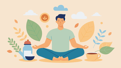 Fototapeta premium Man meditating in nature surrounded by leaves, tea, and wellness elements in a calm pastel illustration