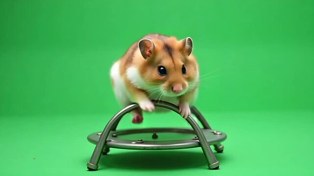 Curious hamster exploring shiny metal object against vibrant green backdrop, perfect for commercial use and advertising campaigns