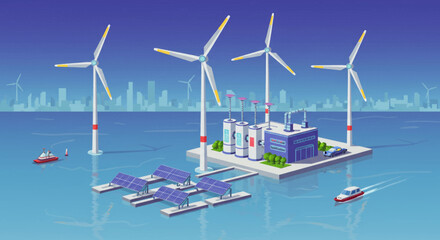 Floating Renewable Energy Farm with Wind Turbines and Solar Panels