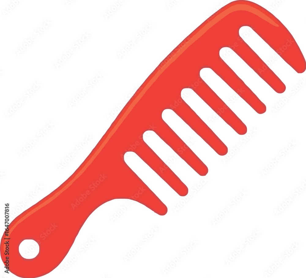 Aufkleber a simple red plastic comb with wide teeth and a handle with a hole on a white background image view