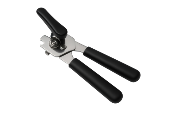 Photo of manual can opener with black handles isolated on transparent background