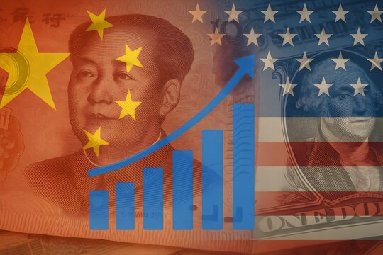Visual representation of the growing economic relationship and trade dynamics between china and the united states with a rising graph