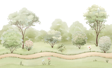 Green landscape with path in forest, watercolor panoramic template for your design wallpapers, background or cover. Hand drawn horizontal illustration. © Nikole