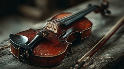 An aged violin rests on a rustic wooden surface.