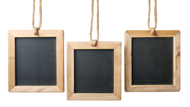 Mini Chalkboards Hanging on Rope with Natural Wood Frames Isolated on Transparent Background PNG