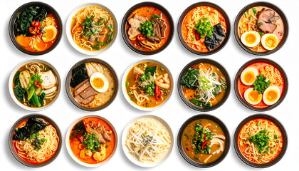 Collection of Asian noodle ramen bowls isolated